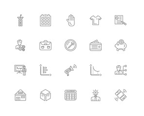 20 linear icons related to Phone Call, Idea, Calendar, Open Box,