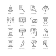 16 linear icons related to Contract, Monitor, Stamp, undefined,