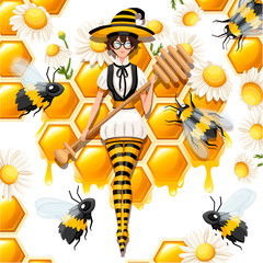 Cute brown hair honey witch flying with bees. Female holding honey dipper, magic wand. Striped bee style costume. Flat vector illustration on white background with honeycomb and chamomile