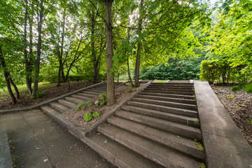 Stairs in the green park, spring time. Spring nature background