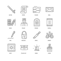 16 linear icons related to Judge, Siren, Police hat, Save, Money