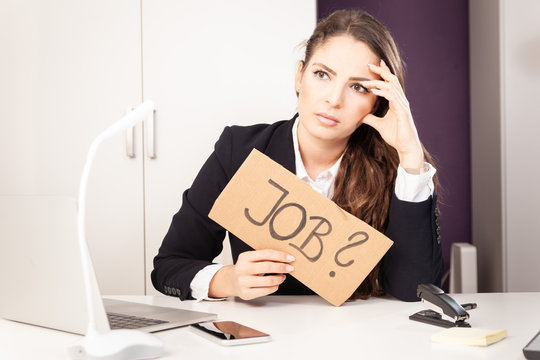 Sad Business Woman Holding Sign Job Lost Job Job Loss Insecurity