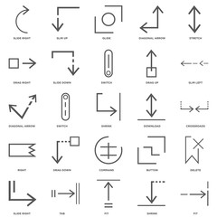 25 linear icons related to Fit, Shrink, Tab, Slide right, Slim l
