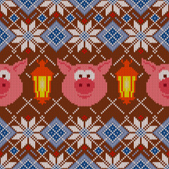 Seamless woolen knitted Christmas pattern with pigs and lanterns