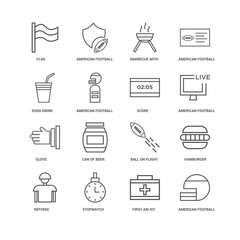 16 linear icons related to undefined, First Aid Kit, Flag, Refer