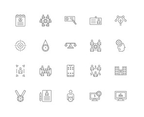 20 linear icons related to Analytics, Dollar, Idea, Id card, Med