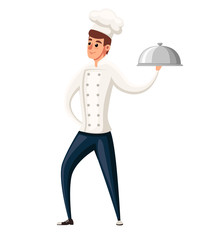 Young chef. Flat vector illustration isolated on white background. Cartoon character design. Smiling man, chef holding silver platter