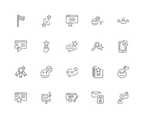 20 linear icons related to Talking, Newsletter, Rating, Laptop,