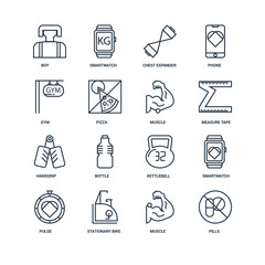Set Of 16 outline icons such as Pills, Muscle, Stationary bike,