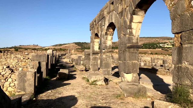 Roman ancient ruins at the archaelogical UNESCO Heritage site of Volubilis in Morocco, Africa