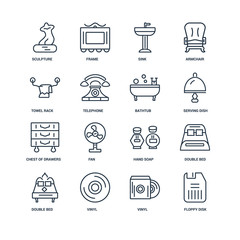 Set Of 16 outline icons such as Floppy disk, Vinyl, Double bed,
