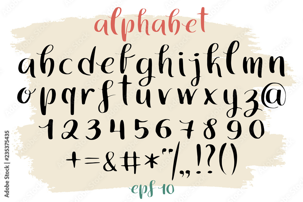 Poster hand drawn alphabet, marks and numbers. handwritten lettering in brush style. modern script in vecto