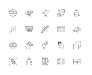 20 linear icons related to Software, Thinking, Coffee cup, Copyi
