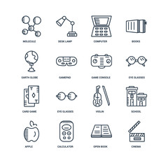 Set Of 16 outline icons such as Cinema, Open book, Calculator, A