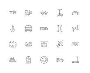 20 linear icons related to Kick scooter, Ambulance, Helmet, Trai