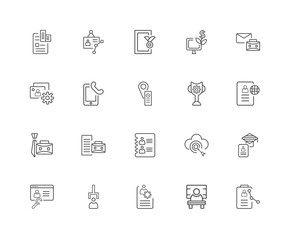 20 linear icons related to Resume, Interview, Job, Trophy, Brief