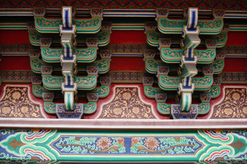 Wooden roof top buddhist temple arts and decoration in downtown Taichung, Taiwan