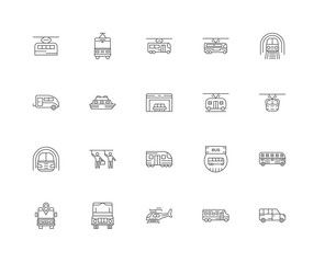 20 linear icons related to Car, School bus, Helicopter, Public t