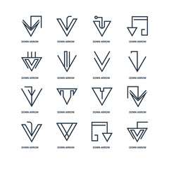 Set Of 16 outline icons such as Down arrow, arrow linear icon