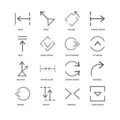 16 linear icons related to Down arrow, Back, undefined, Diagonal