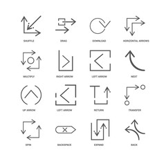16 linear icons related to Back, Right arrow, Shuffle, undefined