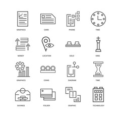16 linear icons related to Technology, Graphic, Folder, Savings,