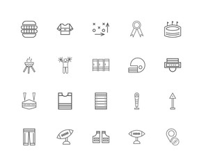 20 linear icons related to Pad, Shoulder American Football Tee,