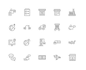 20 linear icons related to Warehouse, Phone call, Factory, Store