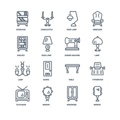 Set Of 16 outline icons such as Mirror, Wardrobe, Television, Ty