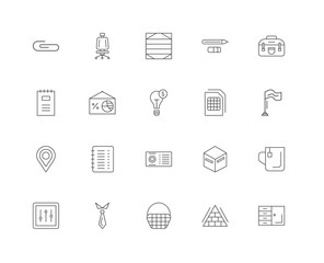 20 linear icons related to Cabinet, Flag, Suitcase, Pencin and E