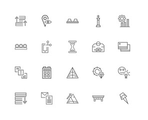 20 linear icons related to Pin, Desk, Graphics, Mail, Money, Sav