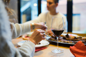 glass of red wine on the table in restaurant