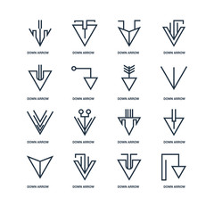 Set Of 16 outline icons such as Down arrow, arrow linear icon