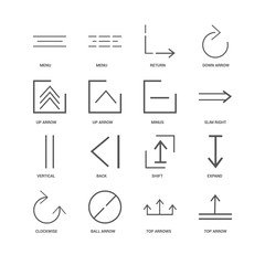 16 linear icons related to top arrow, Up Menu, undefined, Expand