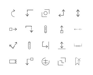 20 linear icons related to Delete, Button, Command, Drag down, R