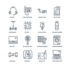 Set Of 16 outline icons such as Open Laptop with Shining Screen,