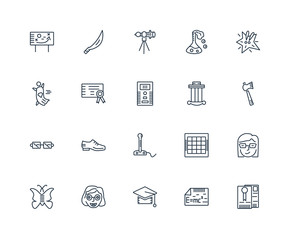 Set Of 20 outline icons such as Degree, Relativity, Mortarboard,