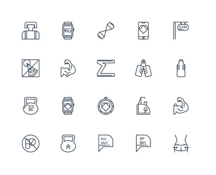 Set Of 20 outline icons such as Body, Bio, Salt, Kettlebell, Pil