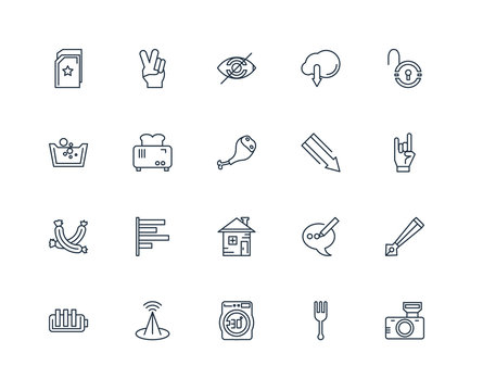 Set Of 20 outline icons such as Photo camera, Fork, Laundry, Wif