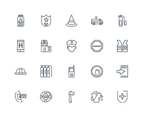 Set Of 20 outline icons such as Medical, Water bucket, Axe, Sos,