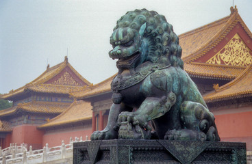 Chinese Guardian Lion Statue at the Forbidden City, Beijing, China