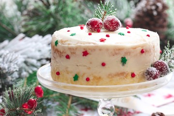 Homemade Xmas or Christmas cake with white frosting