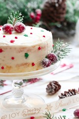 Fototapeta na wymiar Homemade Xmas or Christmas cake with white frosting