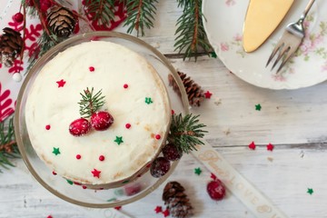Homemade Xmas or Christmas cake with white frosting