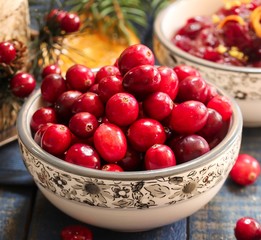 Fresh Cranberries with sauce on side / Xmas thanksgiving background