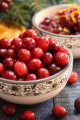 Fresh Cranberries with sauce on side / Xmas thanksgiving background