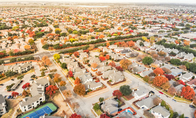 Aerial view Valley Ranch planned unit development with community tennis court in Dallas suburb of...