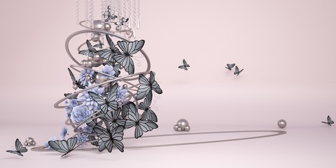 Abstract with tropical butterflies and a composition of Golden figures, beads and blue succulents on a pink background. 3D illustration