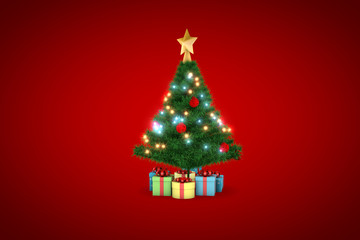 3d rendering, christmas tree with red background
