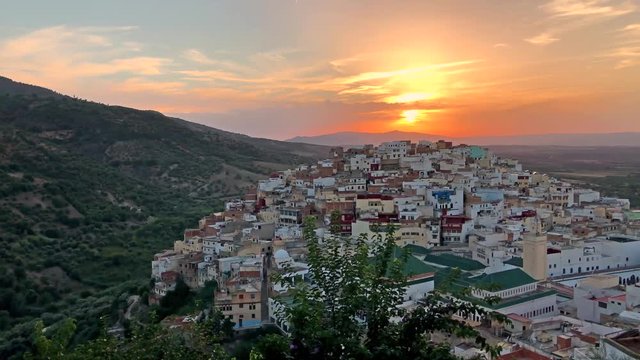 Beautiful sunset at the ancient village of Moulay Idriss near to Volubilis in Meknes in Morocco, Africa
